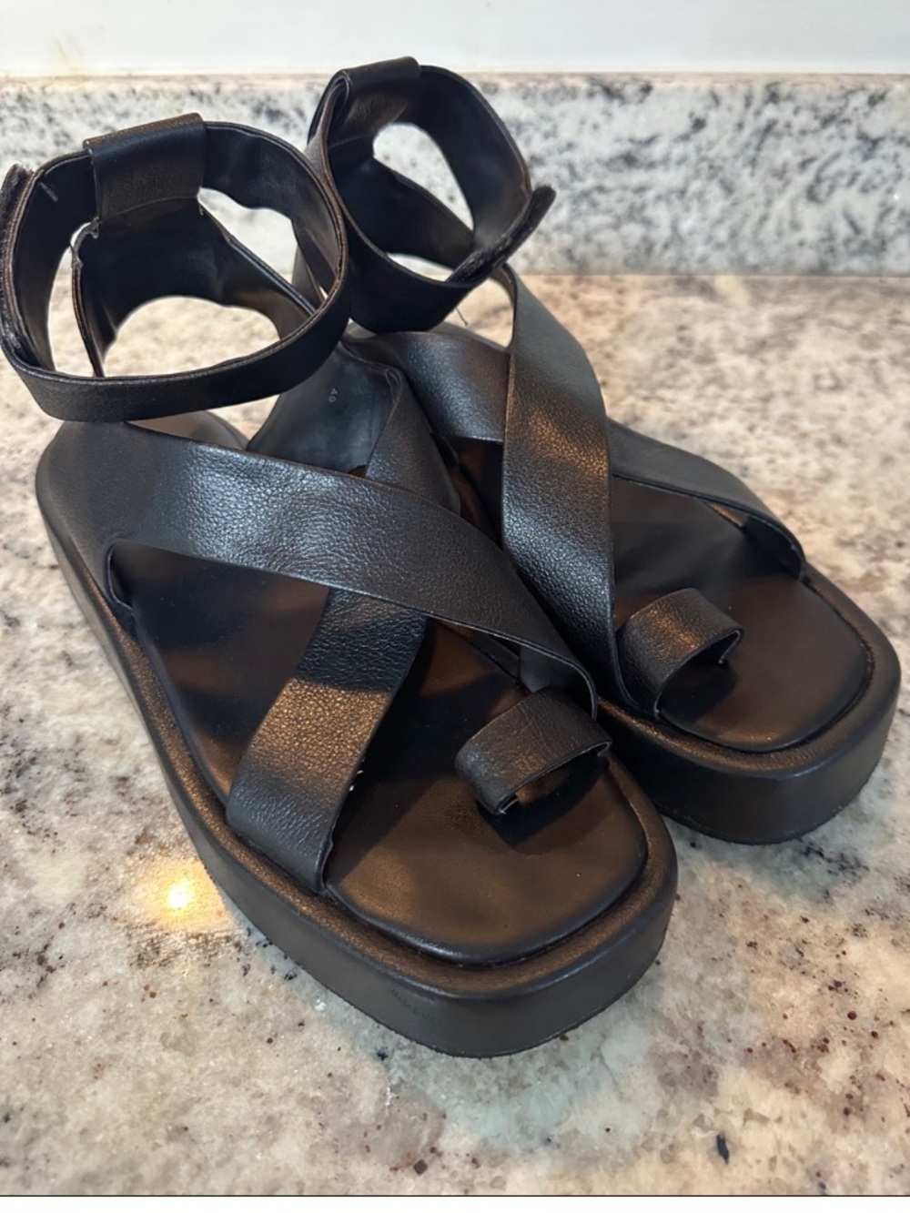 Anthropologie Black Leather Platform Crisscross Sandals